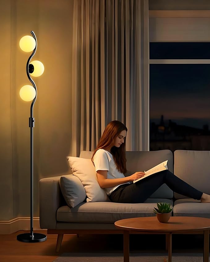 Dimmable Globe Floor Lamp Black Standing Lamps with 3 Soft Warm White 3000K Bulbs, Mid Century Modern Floor Lamp for Living Room Bedroom Home Decor
