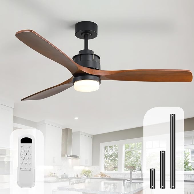 Sofucor Ceiling Fans With Lights, 60 Inch Solid Wood Ceiling Fan With Light Remote Control, Indoor/Outdoor Ceiling Fan with Reversible DC Motor, 6 Speed, 3 Blade Modern Ceiling Fans for Bedroom Patio