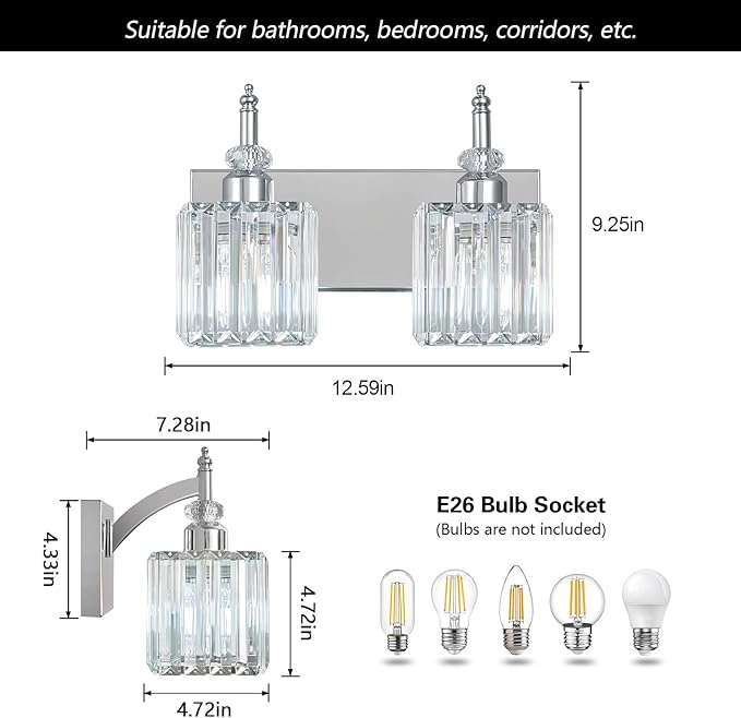 Modern Bathroom Vanity Light 2-Light Chrome Crystal Light Fixtures Over Mirror for Bathroom Wall Sconce