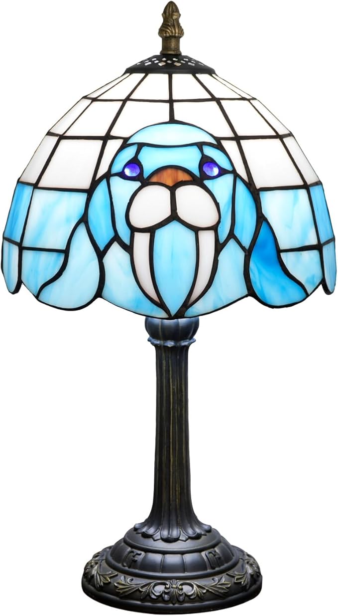 Tiffany Table Lamp Walrus Blue Stained Glass Bedside Lamp Antique Unique Cute Accent Nightstand Light for Home Living Room Office Dormitory Bar Decorate