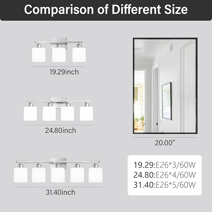 4 Light Bathroom Light Fixtures, Brushed Nickel Vanity Lights for Bathroom with Milky White Frosted Glass Shade, Wall Lights for Mirror Bedroom Living Room E26 Base