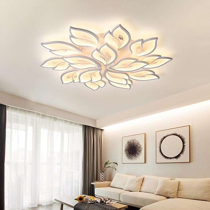 JAYMP 39.4" Flower Shaped Ceiling Light Dimmable Modern Ceiling Lamp Remote Control LED Lighting Fixture for Living Room Kitchen Dining Room (White/15 Petals)