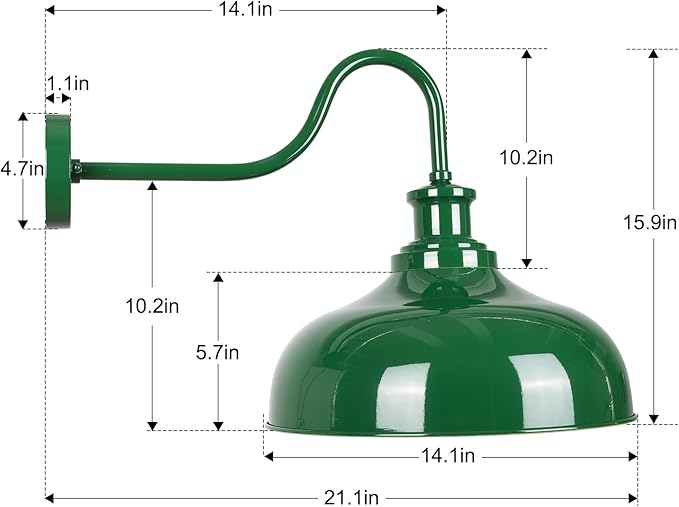 Outdoor Barn Light, 14 Inch Dome Rustic Outdoor Wall Sconce, Farmhouse Exterior Wall Mount Lighting Fixture, Industrial Green Wall Lantern for Porch, Entryway, Garage, RZ007M GR+WH