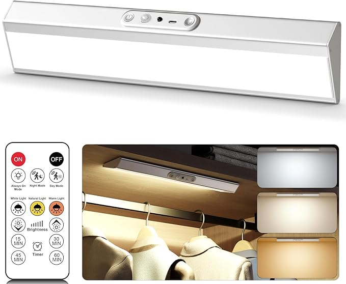 Motion Sensor Closet Lights, Eye Protection Design with Remote, 3 Color Temps & Dimmable, Rechargeable Magnetic Cabinet Lighting for Kitchen, Wardrobe, Shelf, Pantry