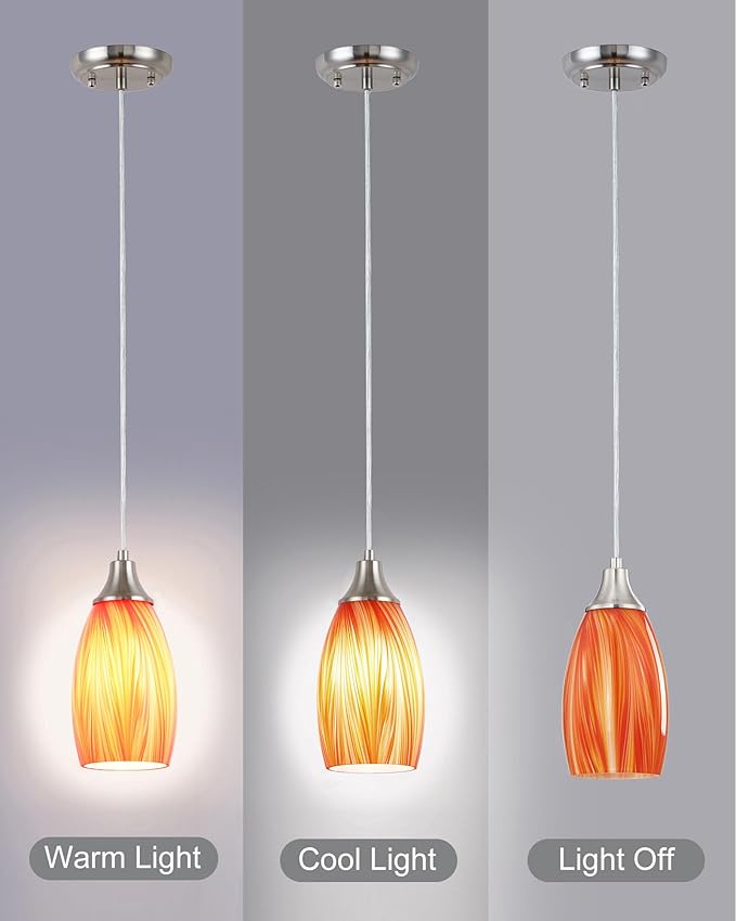 Glass Pendants Lights Kitchen Island Handcrafted Art Glass Mini Pendant Light Fixtures Oval Pendant Light Shade with Brush Nickel Finish Adjustable Cord for Kitchen Over Sink,Hallway,Dining/Bath
