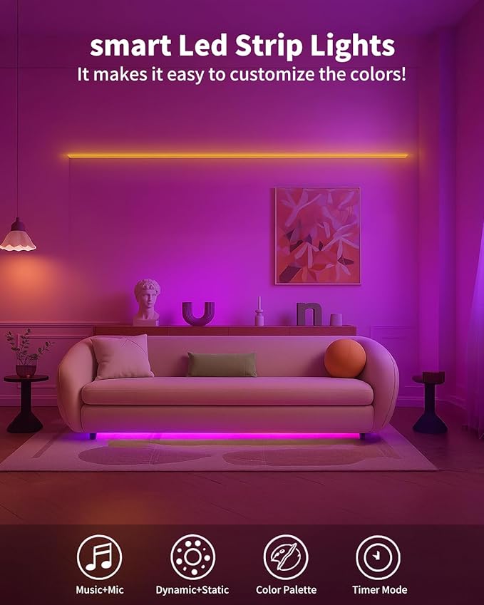 Smart LED Strip Lights 50FT for Bedroom App Control Lighting Bedroom Rome Decor with Remote, RGB Music Sync Color Changing LED Lights for Party,Game Room