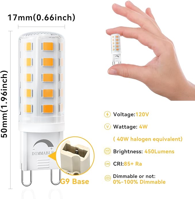 TJOY 12 Pack Dimmable G9 LED Bulb 4W Equivalent 40 Watt, 3000K Soft Warm White, T4 G9 Bi-pin Base Halogen Replacement, G 9 Socket Light Bulb for Chandelier Wall Sconce, 120V No Flicker, 450LM