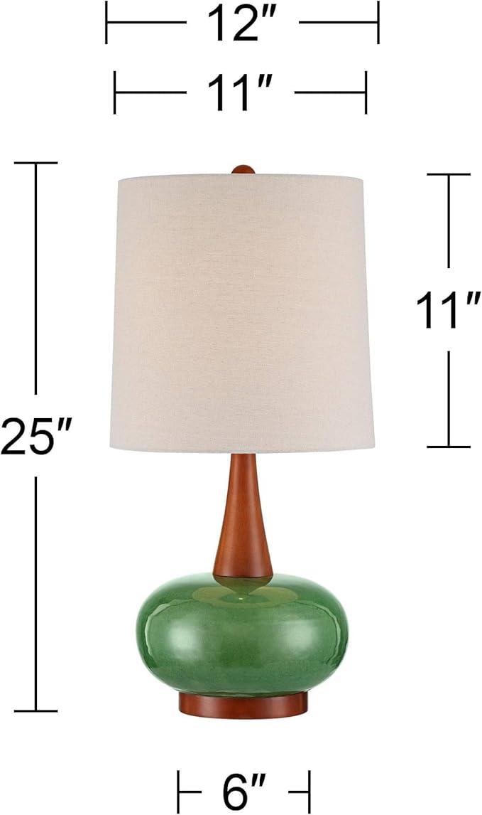 360 Lighting Andi 25" High Mid Century Modern 3-Way Table Lamp Green Ceramic Wood Finish Single Fabric White Shade Living Room Bedroom Bedside Nightstand House Office Home Reading Colors May Vary