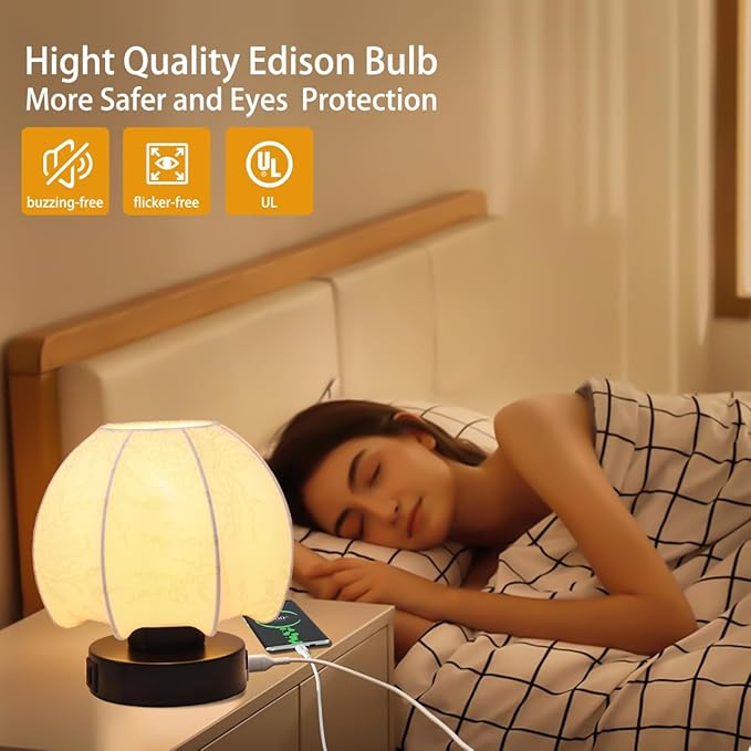 Mushroom Table Lamp 3 Way Touch Dimmable with USB Charging Ports A/C and Outlet Mushroom Night Light, Vintage Nightstand Lamp, Farmhouse Bedside Lamps for Living Room