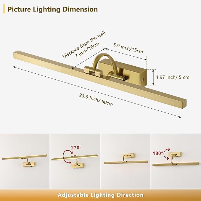 Wireless Picture Lights for Wall Battery Operated, Brass Art Lighting for Paintings Rechargeable Gallery Lights with Remote and Timer 3CCT Dimmable Painting Lights for Artwork Portrait 23.62 inch