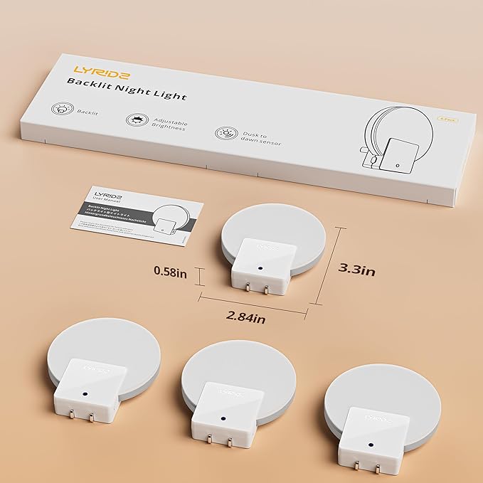 Lyridz Plug in LED Backlit Night Light with Auto Dusk to Dawn Sensor, 1-50 LM Dimmable Warm White Nightlight Indoor for Bedroom, Bathroom, Kids Room, Pet House, Kitchen, Stairs, Hallway, 4 Pack