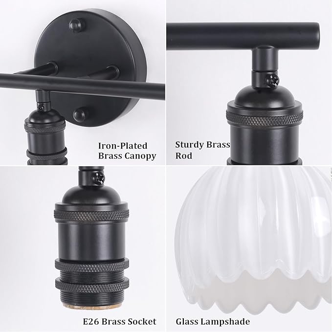 Bathroom Light Fixtures, 3-Light Black Vanity Wall Light Over Mirror with White Tulip Glass Shade for Bedroom Living Room (Bulb Not Included)