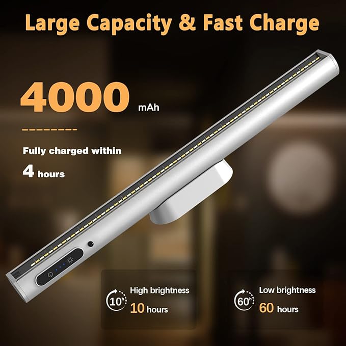 Rechargeable Magnetic LED Light Bar with Remote, Under Cabinet Lighting Wireless, Battery Powered Operated Wall Strip Lights, Dimmable Desk Lamp for Picture Shelf Closet Kitchen – Silver