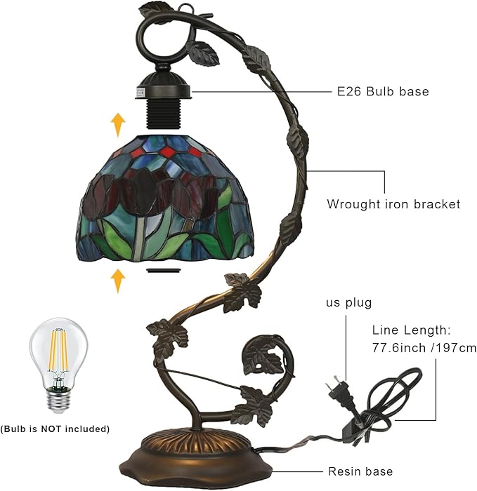 Stained Glass Lamp, Vintage Table Lamp, 8x10x20 Inch Bronze Metal Leaf Base Deco Desk Lamp for Bedroom, Living Room, Study（Tulip）