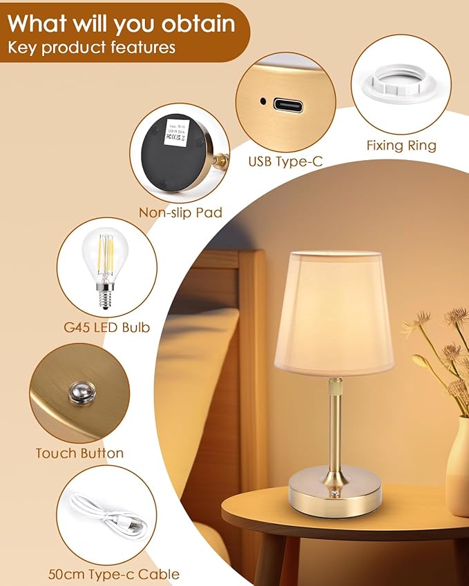 Cordless Table Lamp Rechargeable Touch Gold Mini Small Lamp Adjustable Height 5200mAh Battery Operated with Stepless Dimming Function for Bedroom Nightstand Bathroom Kitchen Counter Home Decoration