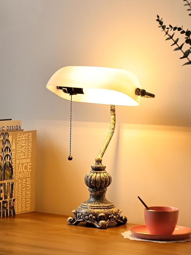 Newrays Retro White Matted Glass Bankers Desk Lamp for Home Office,Library with Pull Chain Switch Plug in Fixture, LED Bulb Included