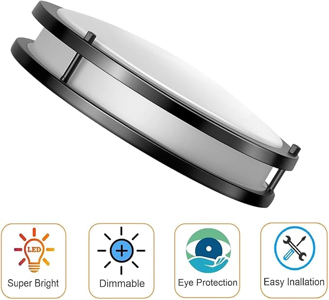 Drosbey 48W Dimmable LED Ceiling Light Fixture, 13.2in Flush Mount Light Fixture, Ceiling Lamp for Bedroom, Kitchen, Bathroom, Hallway, Super Bright 4000 Lumens,Blacck, 3000K Warm White