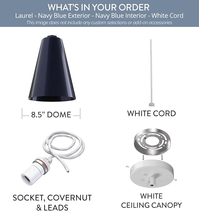 Steel Lighting Co. Laurel Pendant Light | Ceiling Mounted | 8.5 inch Cone Shade | Modern Contemporary Farmhouse Style Made in America | White Cord | Navy Blue Exterior/Navy Blue Interior