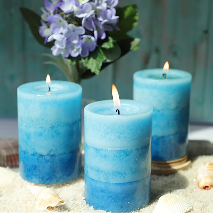 3x4 Inche Pillar Candles Ocean Scented Aromatherapy Candles Long Lasting Burn Blue Mottled 3-Layered Candles for Home Scented, SPA, Restaurant, Set of 3, Immeiscent