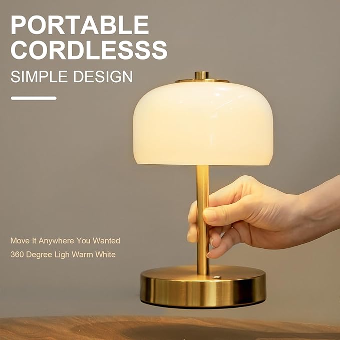Oneach 9" Cordless Table Lamp, Gold Rechargeable Battery Operated Lamp, 3-Way Stepless Dimming Touch Lamps, Small Glass Bedside Nightstand Light for Bedroom Dining Table Living Room Shelf Decor