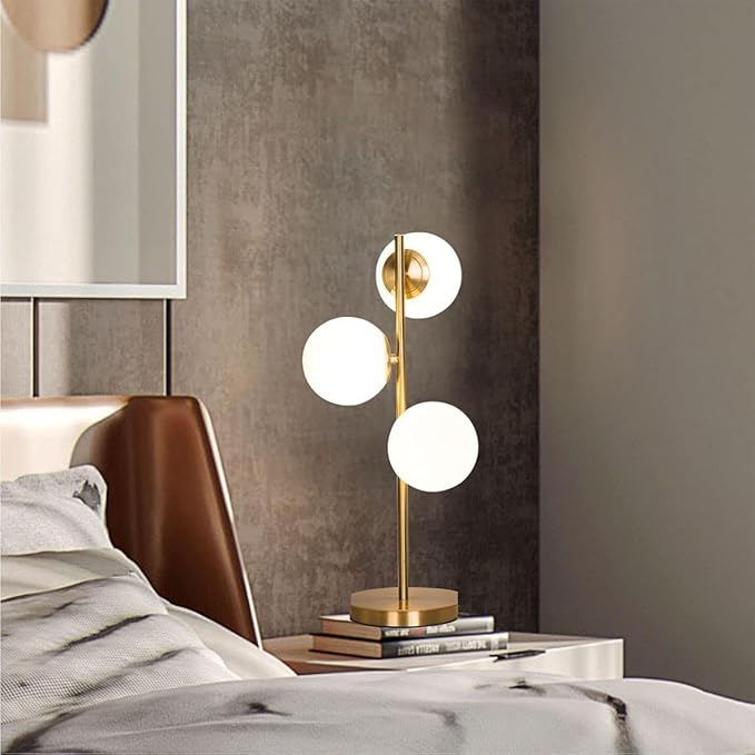 Modern Gold Globe Table Lamp Mid Century 3-Light Desk Lamp with Milk White Glass Shade Metal Base Nightstand Lamp for Bedroom Bedside End Table,G9 Bulb(Not Included)