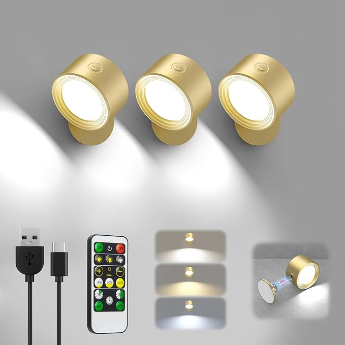 LED Wall Lights Lamp 3 Color Temperatures & Dimmable Magnetic 360° Rotation with Remote, Wall Sconces 3 Pcs with 3000mAh Rechargeable Battery, Cordless Wall Light for Reading Bedside Hallway