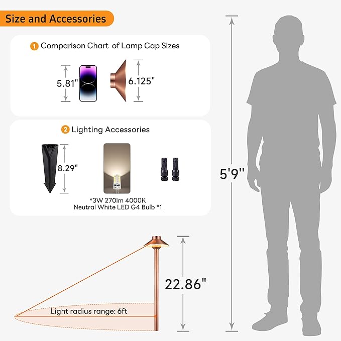 Gardenreet Brass Copper Low Voltage Pathway Lights, Waterproof Landscape Outdoor Path Light, 12V LED Bronze Hat Top Driveway Lamp for Garden Yard House with 3W 270LM 4000K G4 Bulb 6 Pack