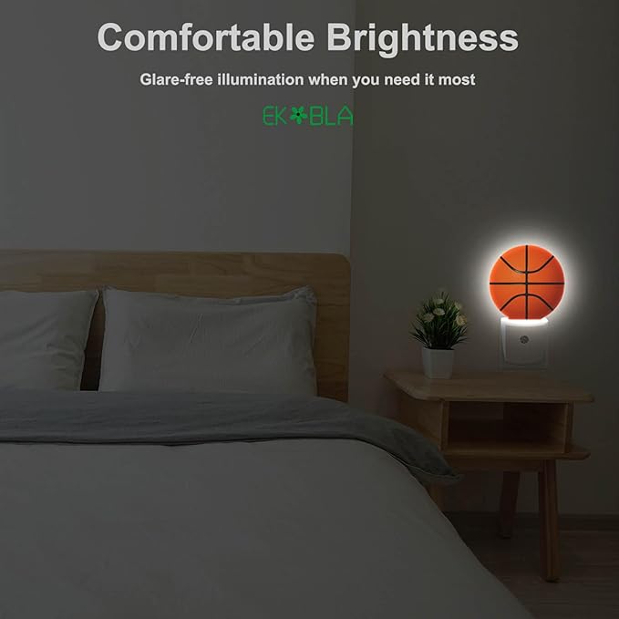 EKOBLA Basketball Night Light American Ball Sports Design Plug-in Night Lights with Dusk-to-Dawn Sensor for Bedroom Bathroom 0.5W 0.5W Sleep-Friendly for Men Boys Gift (Black Orange)
