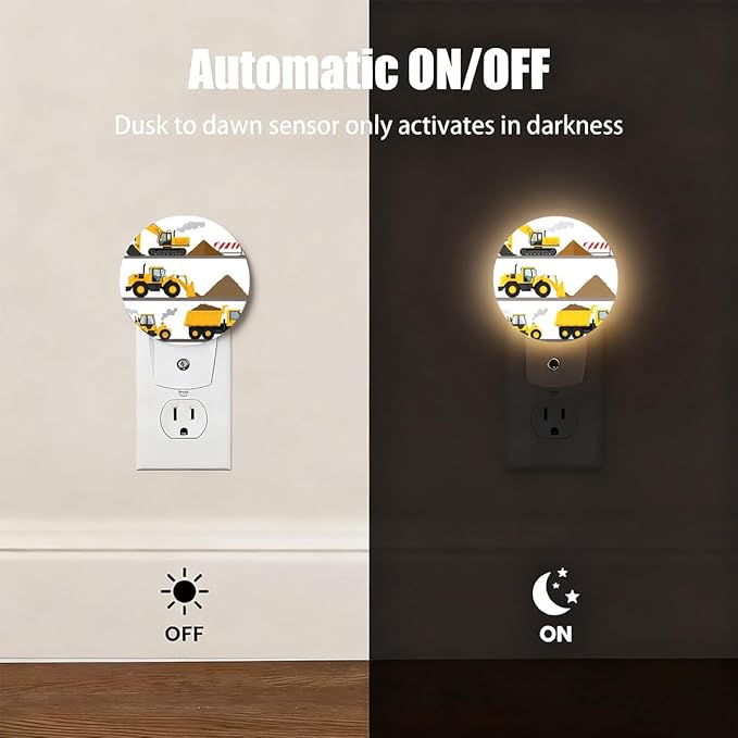 Plug-in Yellow Construction Vehicles Night Light Excavator Wheel Loader Truck Nightlight with Dusk to Dawn Sensor, Auto On/Off 0.5W Energy-Saving LED Lighting Sleep Friendly