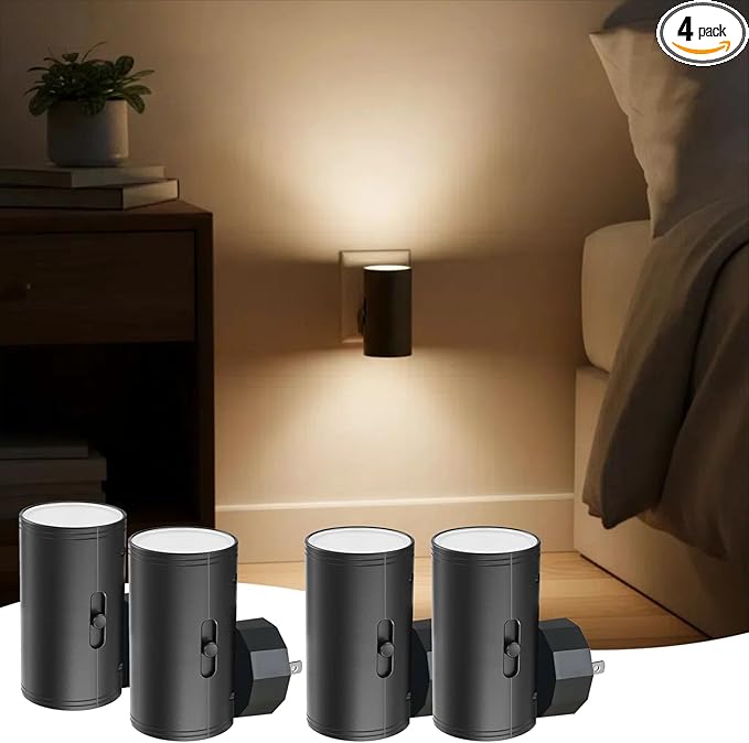 4 Pack LED Night Light Plug in, Dusk to Dawn Sensor,5-300LM Adjustable Brightness, Soft White 3000K,Dimmable Night Lights for Kitchen,Hallway Bedroom,Stairs