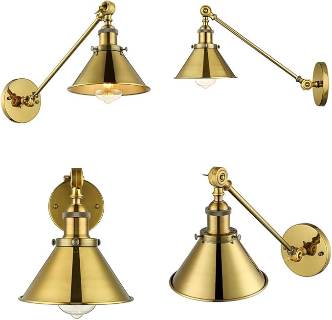 LITFAD Adjustable Arm Wall Light Fixtures Brass Finish 1 Light Wall Sconce 7" Industrial Swing arm Wall lamp Mounted Lighting Fixture with Cone Shade for Bedroom, Reading, Living Room, Kitchen