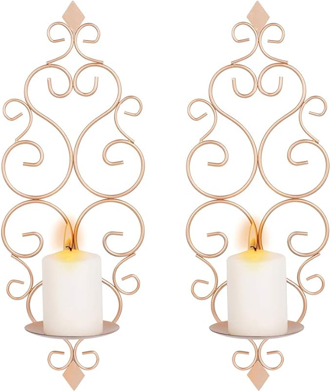 Sziqiqi Iron Wall Candle Sconce Candle Holder Set of 2 Wall Mounted Candle Sconces Holder, for Bedroom Dining Room Decor, Rose Gold