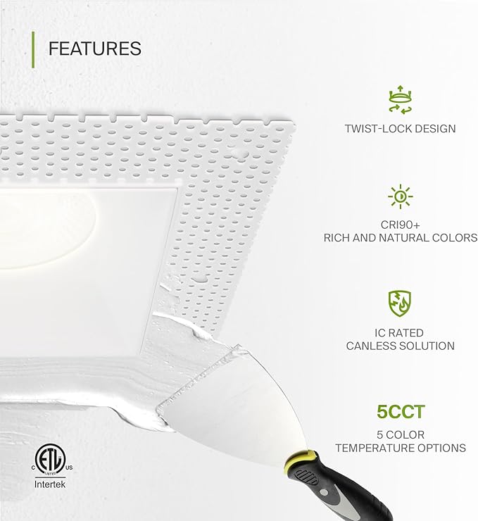 ASD Trimless LED Recessed Lighting 6 Inch, 24W 120V Square Commercial Downlight, Canless Dimmable Lights for Ceiling with J-Box, 5 CCT 2700K-5000K, CRI 90+, IC Rated, ETL, White