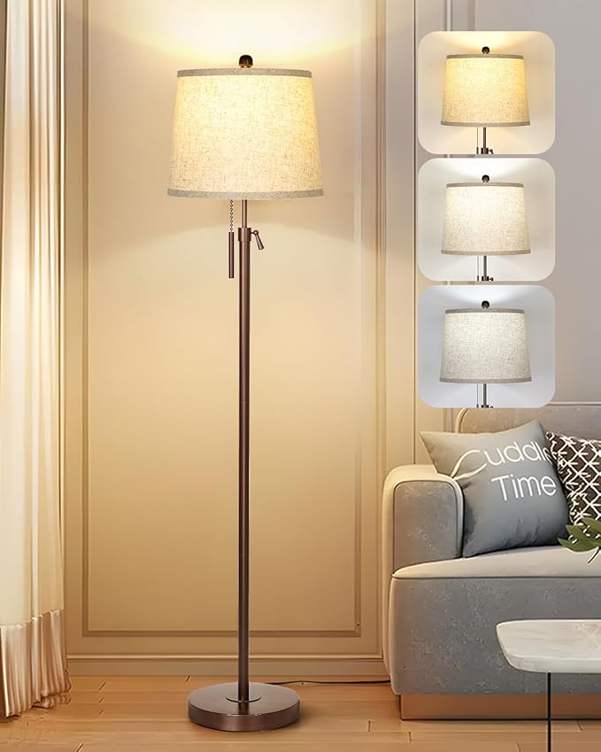 Modern Floor Lamp Adjustable Height Standing Lamp Tall Lamp with 3 Color Temperatures Floor Lamps for Living Room Bedroom Office Beige Shade Bulb Included-Brown