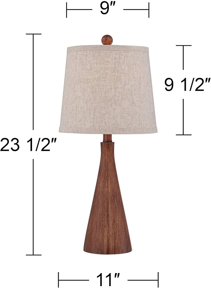 360 Lighting Fraiser 23 1/2" High Cone Small Mid Century Modern Accent Table Lamps Set of 2 Brown Wood Finish Living Room Bedroom Bedside Nightstand House Office Home Reading Oatmeal Shade
