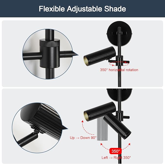 Plug in Wall Sconces, Black 2 Lights Rotatable Wall Lamp with Switch Cord Wall Mounting Lighting Fixtures for Bedroom Living Room (Bulb Included)