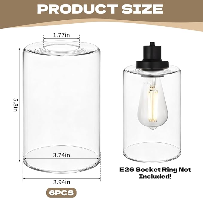 6 Pcs Clear Frosted Glass Shade Replacements - Premium Cylinder Glass Lampshade Cover, Replacement Lamp Globe for Chandelier Pendant Wall Light Sconce (clear)