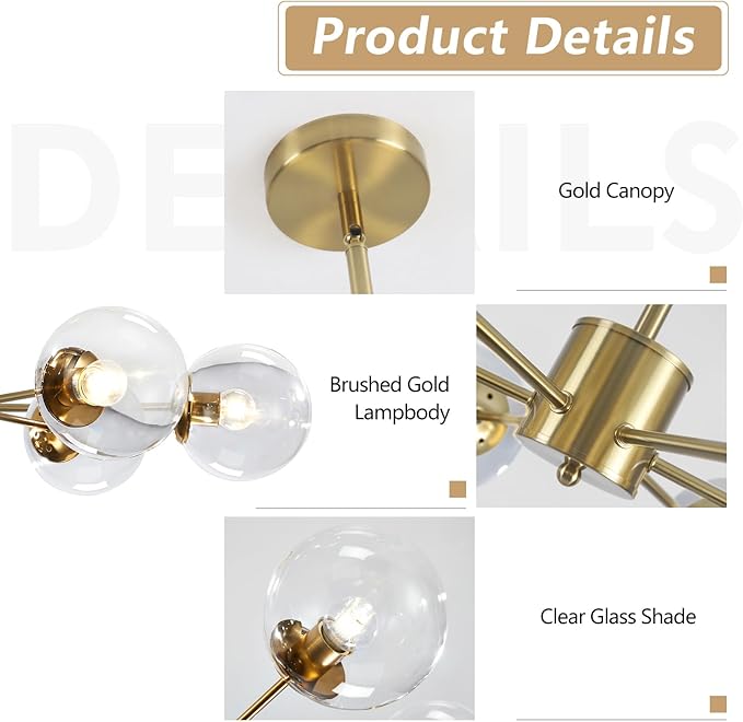 KCO Lighting Modern 6-Light Sputnik Chandelier with Clear Glass Globe Mid Century Adjustable Ceiling Pendant Light Gold Brass Flush Mounted Fixture