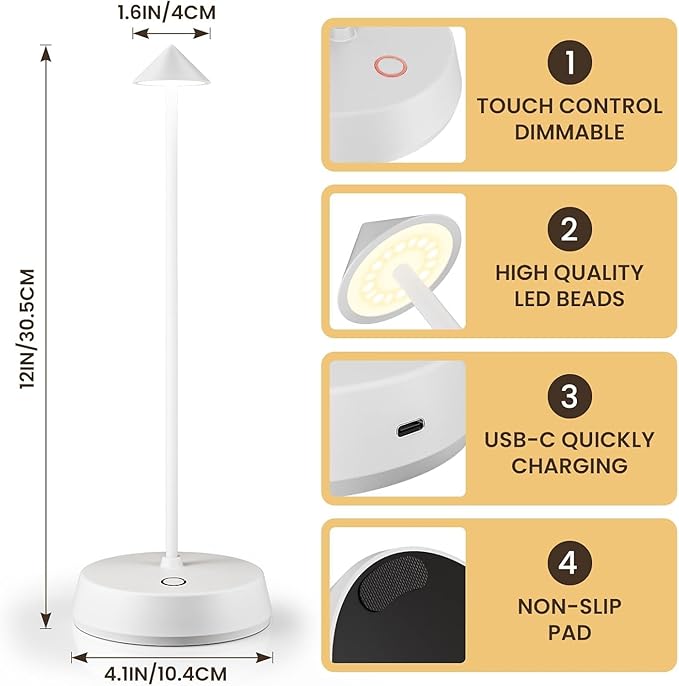 Cordless Table Lamp Rechargeable LED Battery Operated 6000mAh Touch Dimmable Small Lamp Outdoor Waterproof Portable Wireless Desk Light for Dining Restaurant Bar Indoor/Outdoor Use (White-2PC)