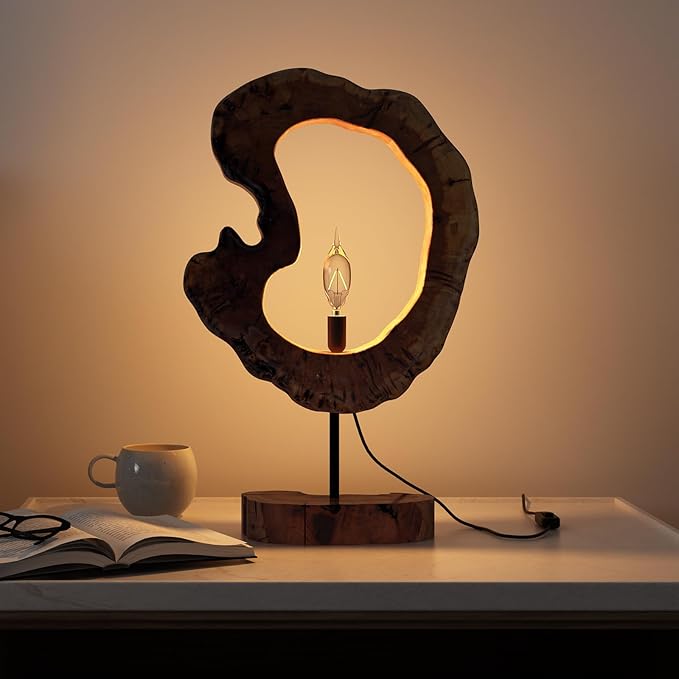 LAPTAIN Wood Table Lamp, Irregular Jujube Tree Wooden Bedside Lamp, Creative Home Decor Table Lamp, Bedside Night Light for Bedroom, Living Room, E12, ON-Off Button,Wood Base
