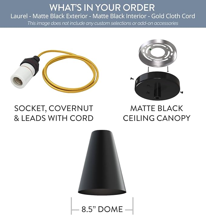 Steel Lighting Co. Laurel Pendant Light | Ceiling Mounted | 8.5 inch Cone Shade | Modern Contemporary Farmhouse Style Made in America | Gold Cloth Cord | Matte Black Exterior/Matte Black Interior