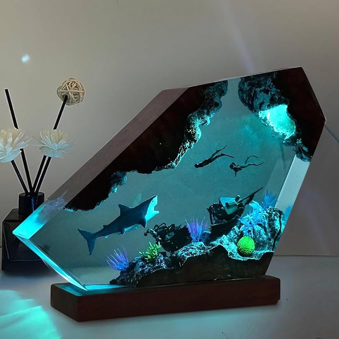 Shark Ocean Resin Lamp, Handmade Resin Night Light for Home Office Decor, Multi-Color LED Light with USB Port, Shark Gifts for Women & Men, Birthday Holiday Marine Biology Gifts for Kids (6"x4")