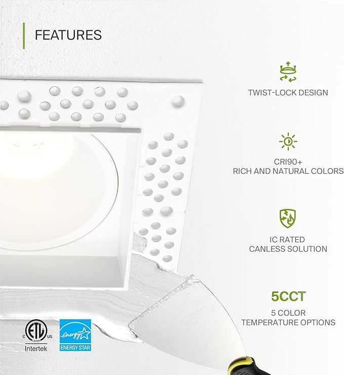 ASD Trimless 2 Inch LED Recessed Lighting, 15W 120V Commercial Square Downlight, Canless Dimmable Lights for Ceiling with J-Box, 5 CCT 2700K-5000K, CRI 90+, IC Rated, ETL Energy Star White, 18 Pack