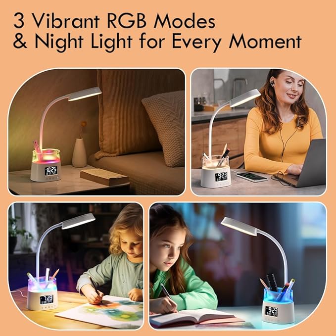 WILIT LED Desk Lamps for Home Office with Pen Holder, Table Lamp for Bedroom with USB Charging Port & Clock, RGB Night Light, Study Lamp for Kids Student, Desk Lamp for College Dorm Room Essentials