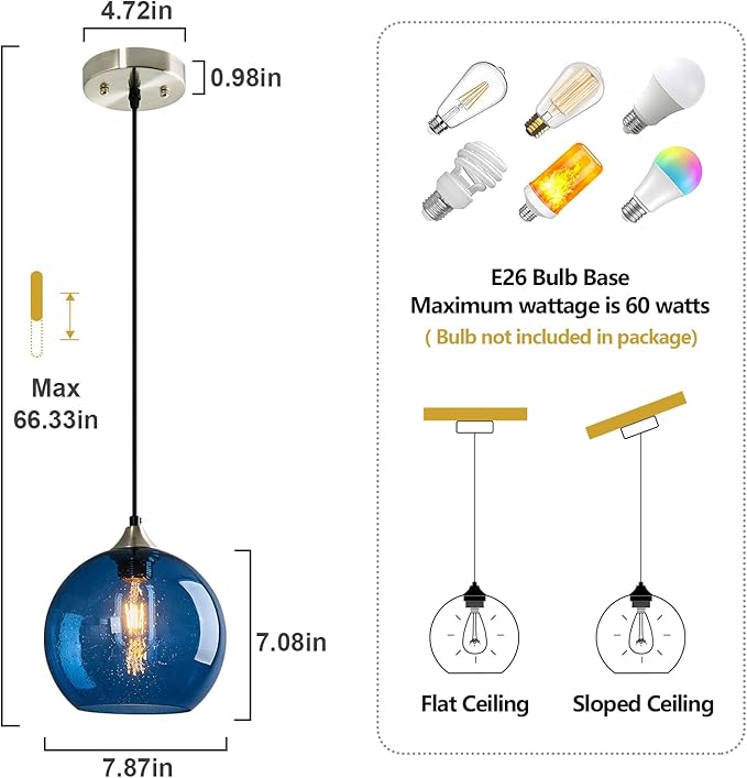 Blue Glass Pendant Lights Kitchen Island Lighting Globe Pendant Light Fixtures Modern Pendant Lighting for Kitchen Island Bedroom Living Dining Room Light Fixture(7.87in, 1-Pack)