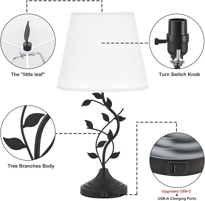 Kakanuo USB Table Lamp Bedside Lamp with USB C Charging Ports, White Traditional Nightstand Lamp Desk Lamp Large Retro Table Lamp for Bedroom and Living Room