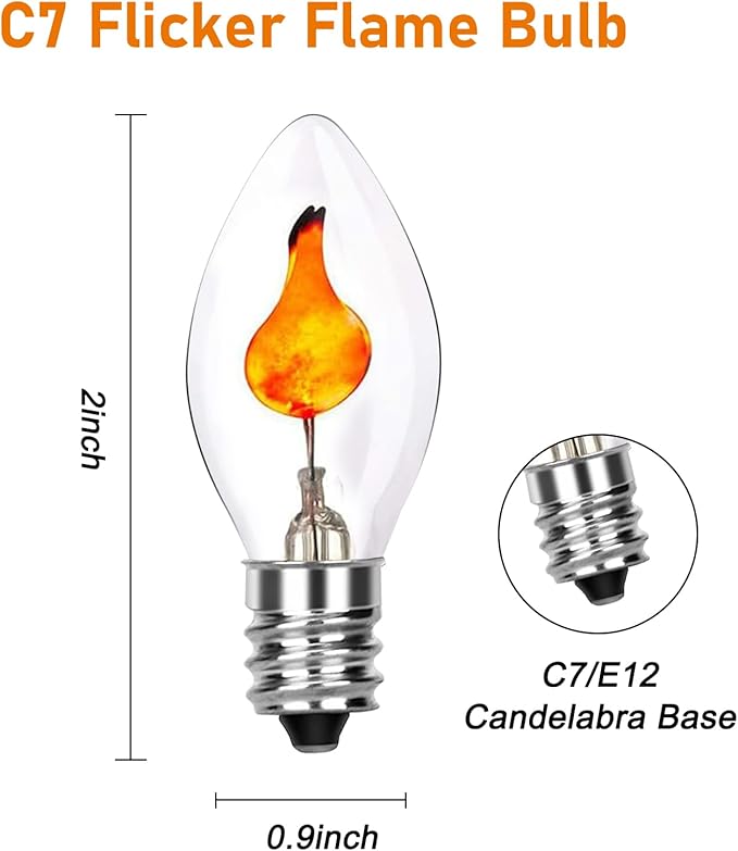 Christmas Flicker Flame Light Bulb C7 Clear Flame Shape Candelabra Bulb for C7/E12 Base String Lights, Christmas Candelabra Light, Chandelier, E12 Candelabra Base Replacement Bulbs, 120 Volt, 25 Pack
