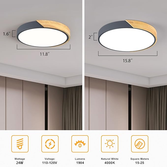 Vikaey Modern LED Ceiling Light, Minimalist Wood Flush Mount Ceiling Light Fixture, 4000K Not Dimmable, Circle Lighting Lamp with Acrylic Lampshade for Bedroom Dining Room Laundry (Grey, 15.8'')