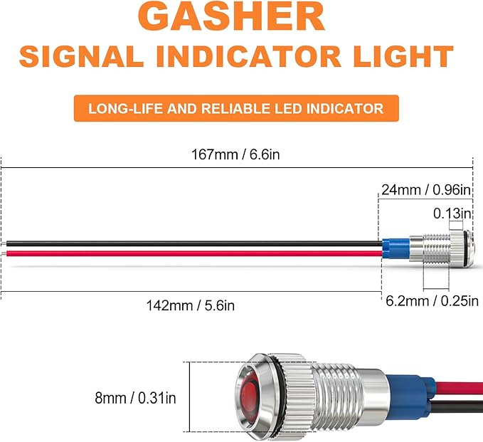 GASHER 5 PCS Energy Saving Indicator Light, LED Light 12V/24V/110V 20mA Panel Mount Light, Mounting Hole Size 8mm(5/16inch) Red LED (24V)