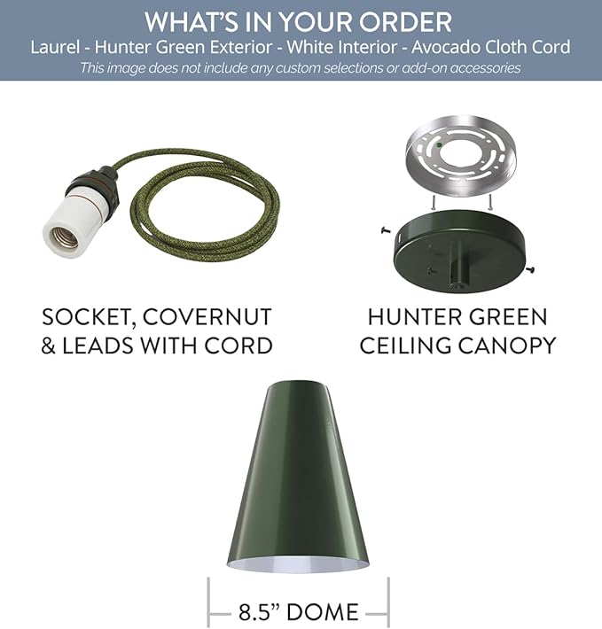 Steel Lighting Co. Laurel Pendant Light | Ceiling Mounted | 8.5 inch Cone Shade | Modern Contemporary Farmhouse Style Made in America | Avocado Cloth Cord | Hunter Green Exterior/White Interior